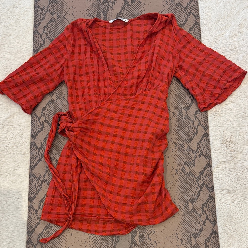 Zara Red Plaid Wrap Tunic with Tie Waist